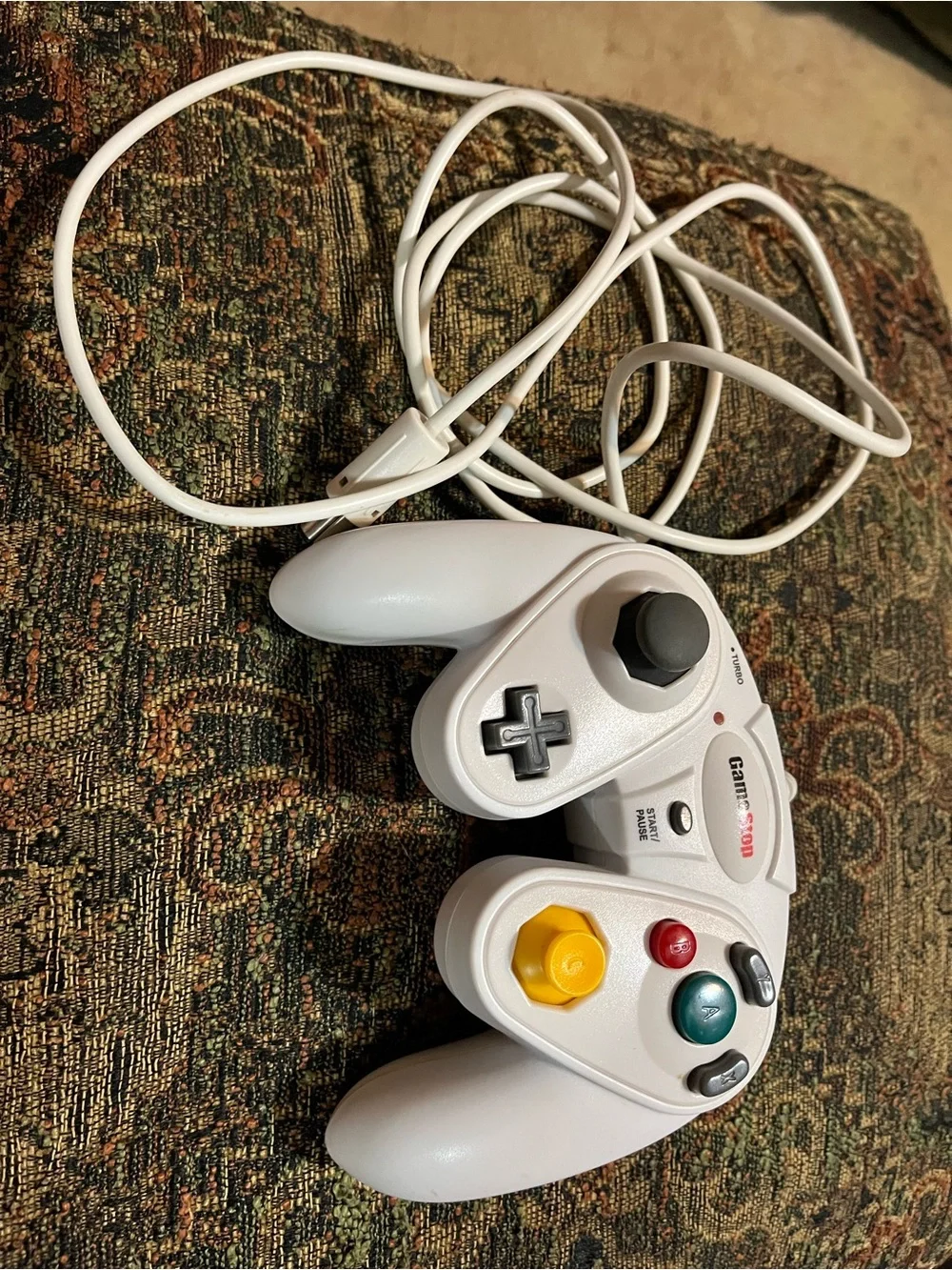 White Wired Game Controller with Yellow C-Stick